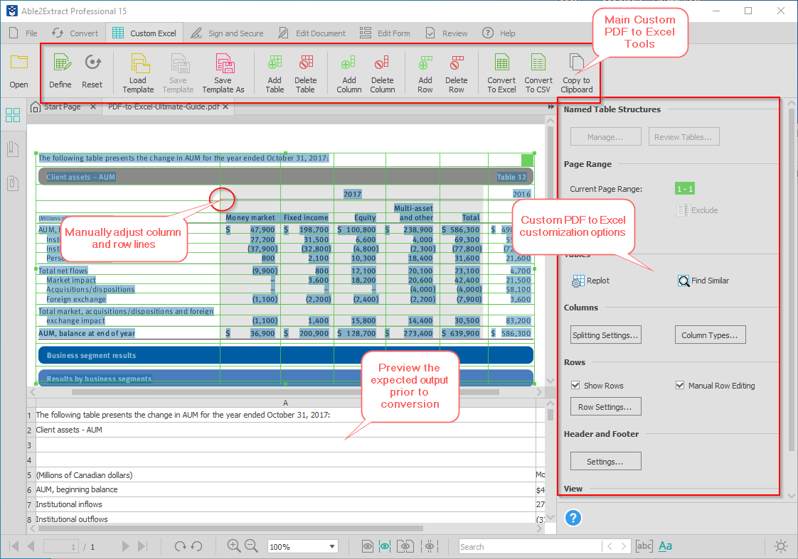 PDF to Excel conversion customization