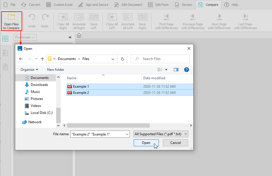 Open files to compare dialog